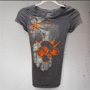 Vintage Y2K American Eagle Outfitters Gray Baby Tee with Orange Floral Design